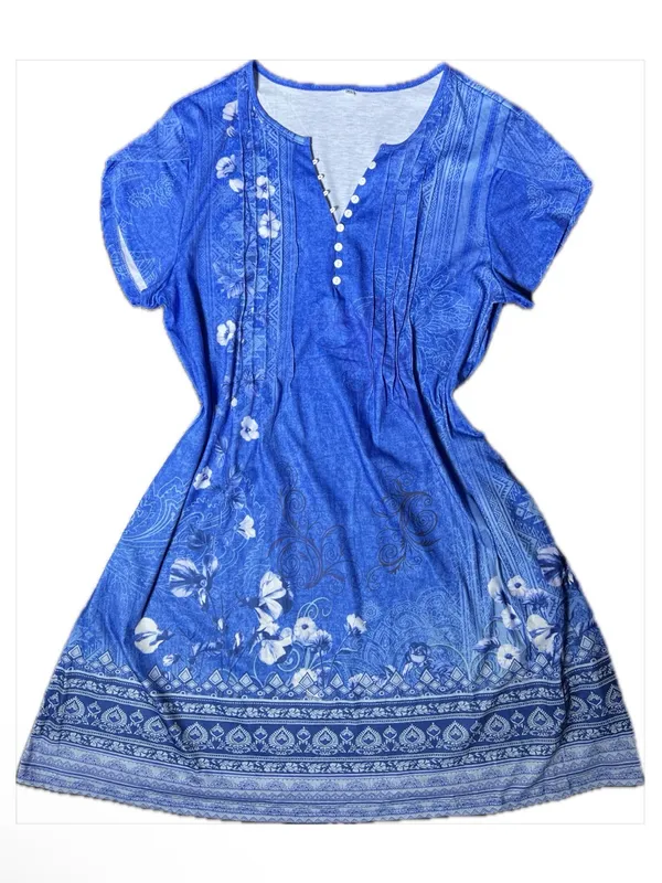 Zeagoo Blue Floral V-Neck A-Line T-Shirt Mini Sun Dress Extra Large - Image 2