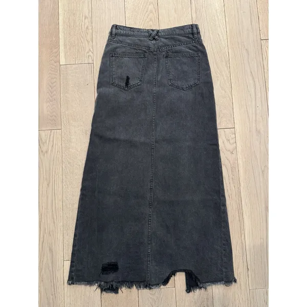 We The Free People Sz 24 Distressed Black Fade Denim Front Slit Midi Skirt EUC‎ - Image 8