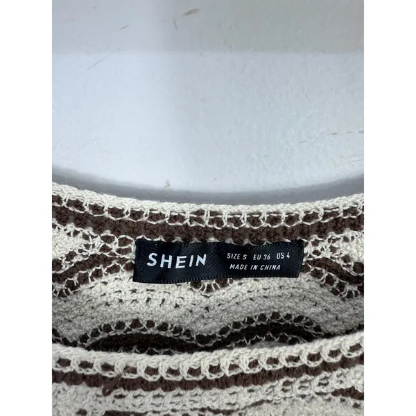 SHEIN Crochet Peasant Top Womens S Cream Brown Puff Sleeve Boho Cottagecore‎ - Image 2