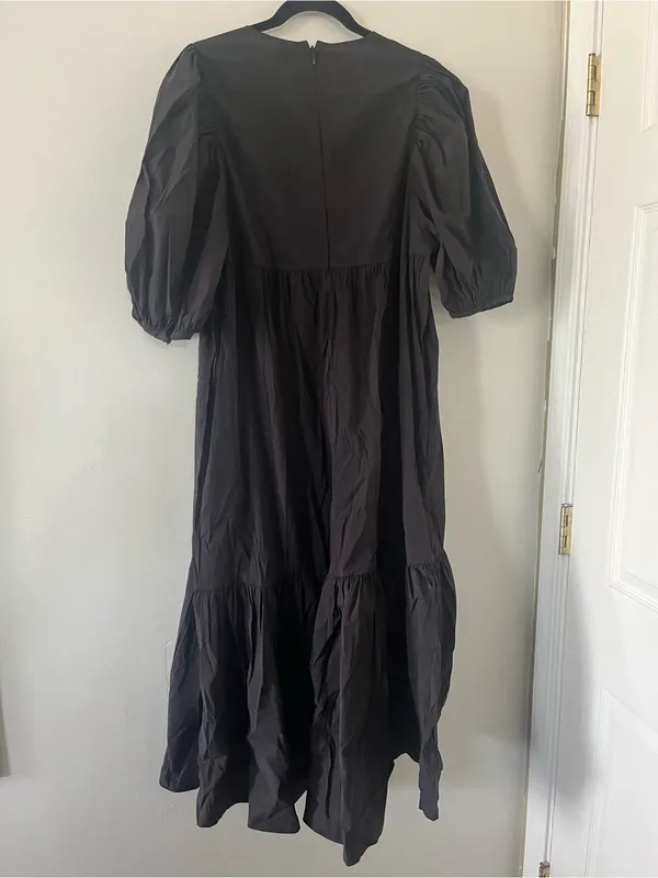 H&M Black Puff Sleeve Tiered Midi Dress Small Modest Romantic Cottagecore - Image 7
