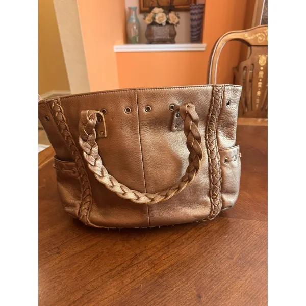 Nordstrom Brown Genuine Leather Tote Shoulder Bag Medium Boho Braided Trim - Image 7