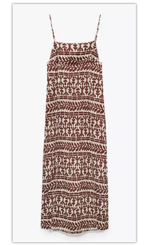 ZARA Brown Printed Linen Blend Dress - Image 7