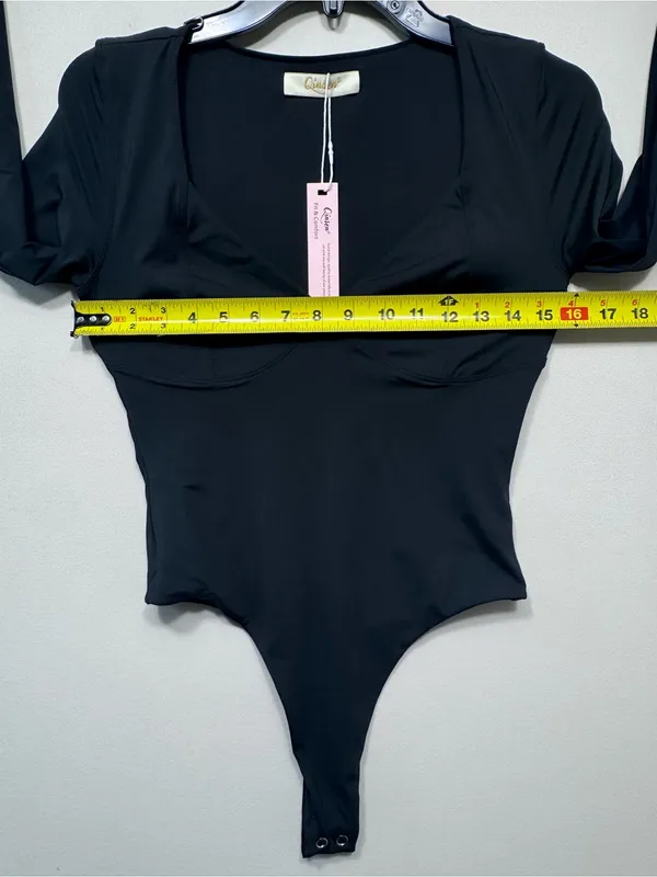 QINSEN Women's Long Sleeve Bodysuit V Neck Body Suits Seamed Cup size medium nwt - Image 2