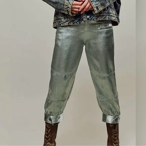 NEW Free People Ryder Pants L Metallic Silver Satin Moto Crop Vegan Shiny Green - Image 4