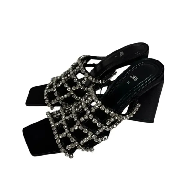 Zara Black Rhinestone Embellished Women's Sandals NWOT - Image 2