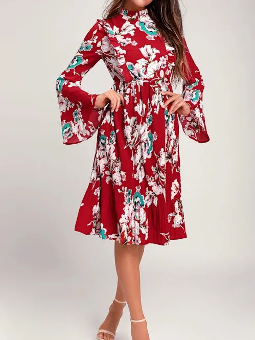 Lulus Garden Glory Wine Red Floral Print Pleated Midi Dress Size Small - Image 3