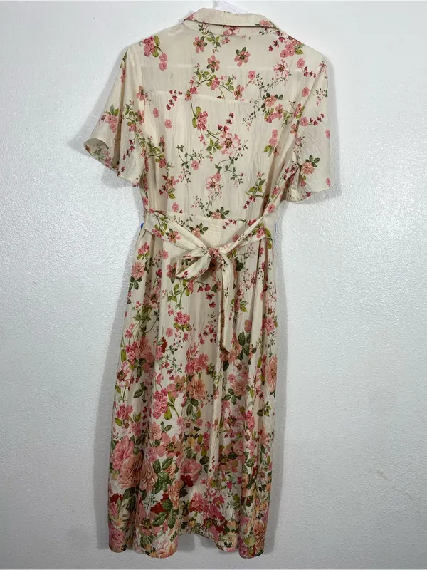 Floral Button-Front Midi Dress in Cream and Pink Size M - Image 7