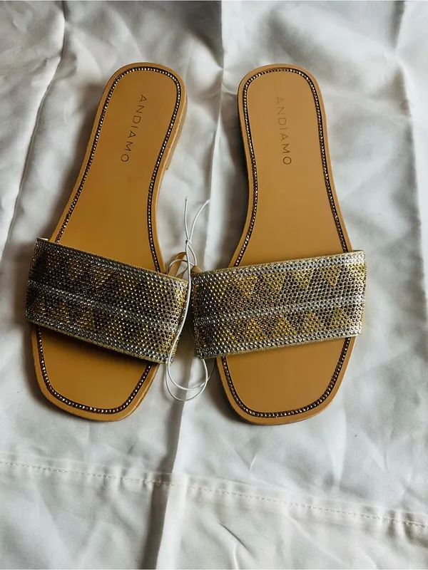 Andiamo Gold Rhinestone Embellished Square Toe Flat Slide Sandals Size 6.5 - Image 5