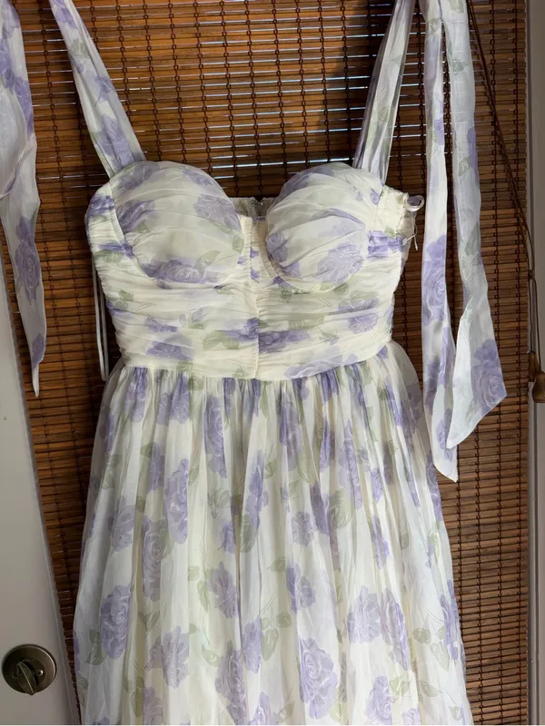 Rosberi Elle Lavender Rose Floral Bustier Tie Strap Maxi Dress XS - Image 5