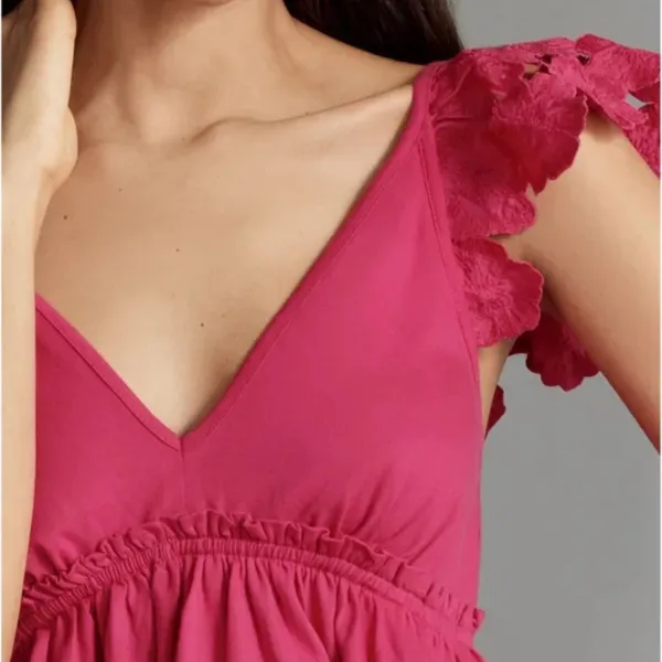 NWT Anthropologie Cotton Flutter Sleeve V Neck Babydoll Top size L - Image 3