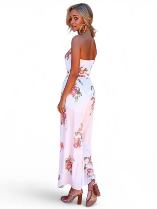 Hello Molly White Strapless Floral Wide-Leg Jumpsuit with Pink Roses - Image 3