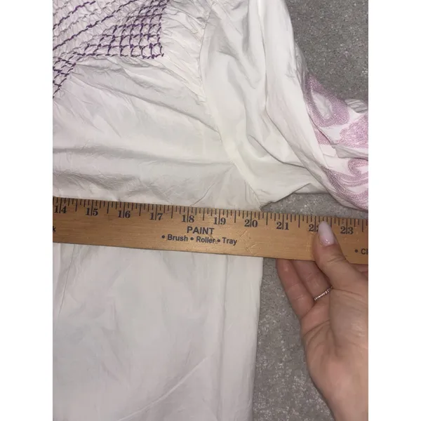 veroalfie‎ embroidered ruggle smocked blouse white Puff Sleeve Anthropologie 2 - Image 10