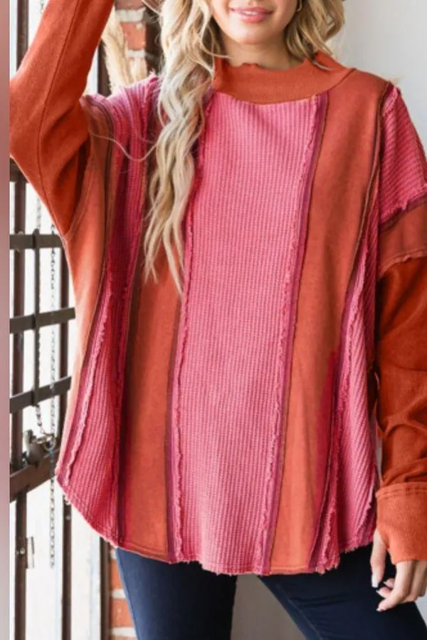 NEW Red and Pink Waffle Knit Exposed Seam Patchwork Top Size M - Image 2