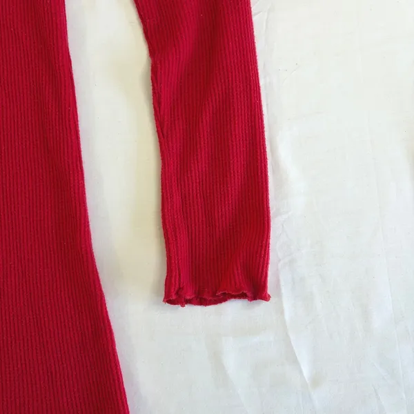 Lauren Ralph Lauren Red Thermal Waffle Knit Ruffle Henley Top Womens Size Medium - Image 6