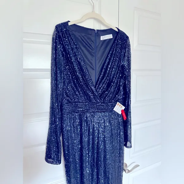 Mac Duggal Ieena Long‎ Sleeve Sequined Gown in Midnight Blue- NWT - Image 5