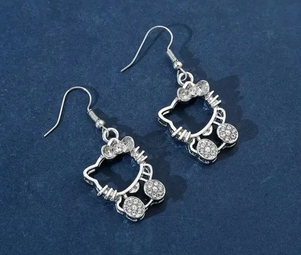 Hello Kitty Licensed Silver Plated Hollow Metal Drop with Rhinestones Earrings - Image 2