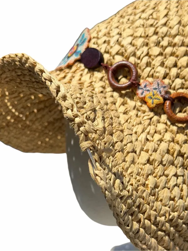 Lucky Brand Wide Brim Straw Hat One Size Floral Beaded Boho Sun Hat Festival - Image 8