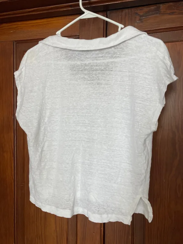 Tahari White Short-Sleeve Button Down Linen Collared V-neck Top Size L - Image 2