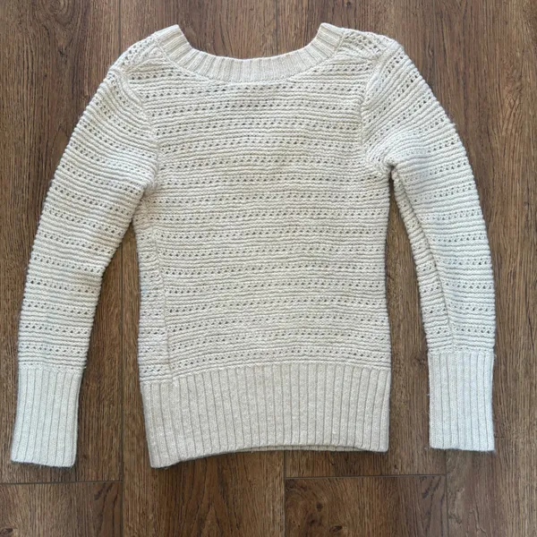 Lucky Brand Coastal‎ Cream Open Knit V Neck Sweater Alpaca Wool Womens L Cottage - Image 8