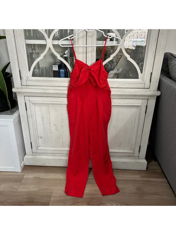 FARM Rio Red Linen Blend Bow Front Jumpsuit XS Boho Cottage Tropical Indie - Image 2