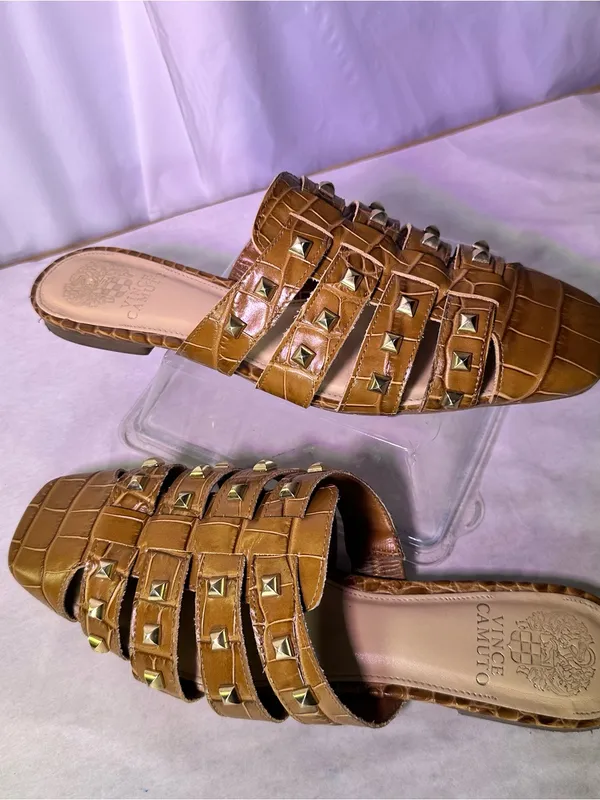 Vince Camuto Cognac Braided Leather Slide Mules with Gold Studs - Image 3