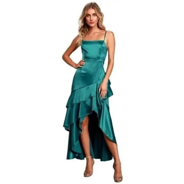 Lulus Yori Teal Green Satin‎ Ruffled High-Low Maxi Dress medium - Image 5