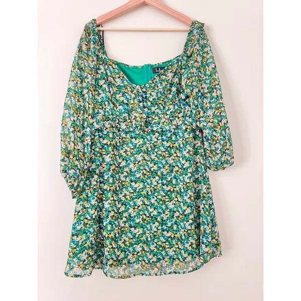 Lulus Forsythia Green Floral‎ Print Long Sleeve Tie-Front Women's Dress Large - Image 8