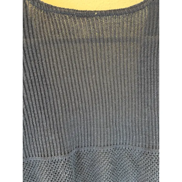 Navy Blue Pointelle Knit Short Sleeve Top Textured Crochet Style‎ Ribbed Sweater - Image 3