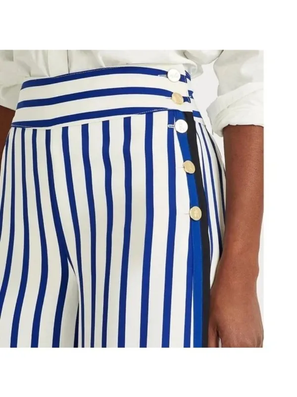 Lauren Ralph Lauren Striped Satin Wide Leg Trousers Nautical Blue White 18W - Image 4