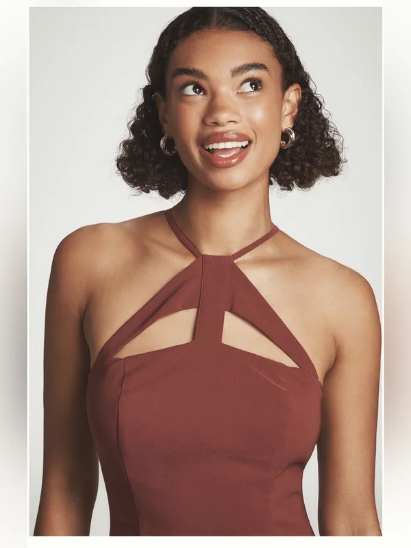 By Anthropologie Halter Cutout Slim Midi Dress in Cherrywood - Image 4