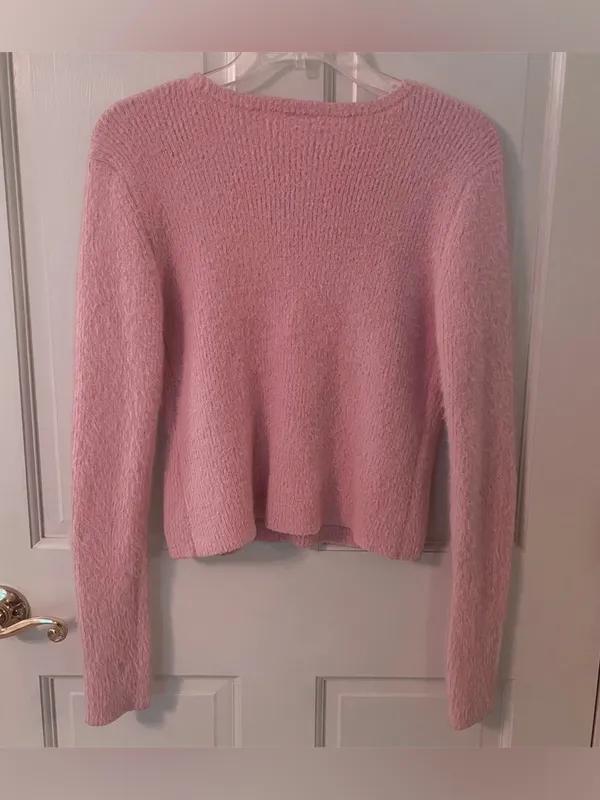 Pink Fuzzy Rhinestone Butterfly Button Long Sleeve Sweater - Image 3
