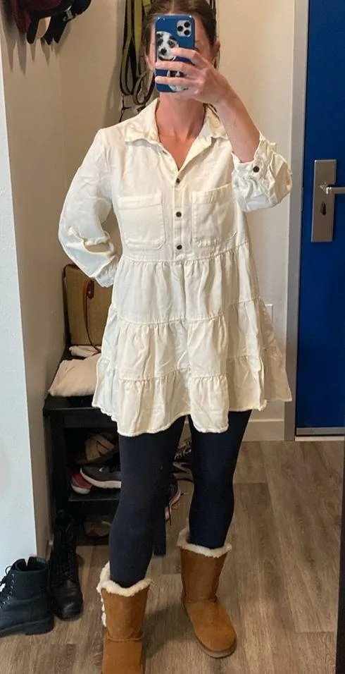 ZARA poplin long collared shirt dress tiered cream ivory ecru 3/4 sleeve large - Image 10