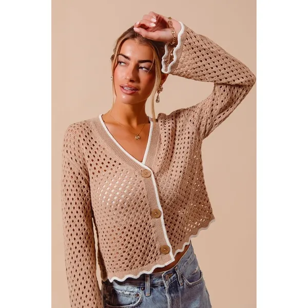 SO‎ ME Open Knit Light Weight Sweater Cardigan With Contrast Wavy Scallop Edge L - Image 9