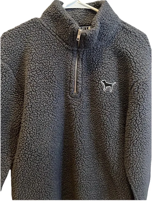 PINK Victoria’s Secret Gray Sherpa 1/4 Zip Pullover Sweatshirt Cozy Warm Size S - Image 2