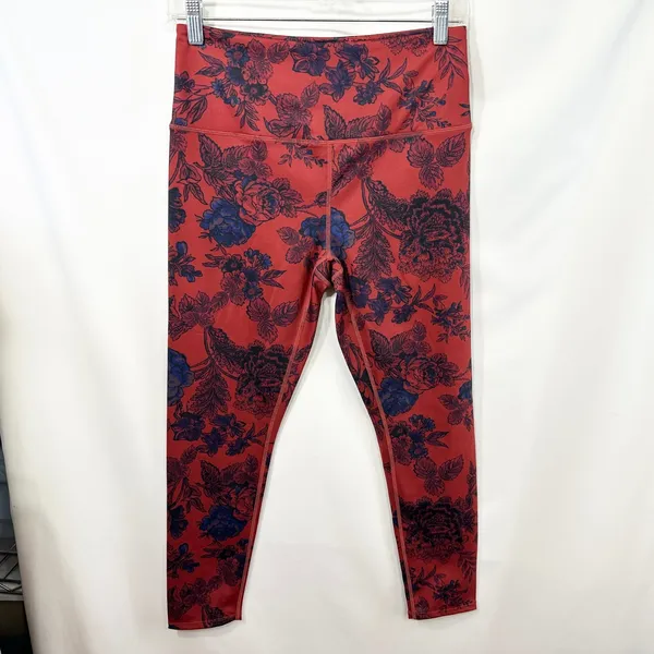 Free People Movement Medium Leggings‎ Red Blue Floral Rose High Rise Boho 1742 - Image 2