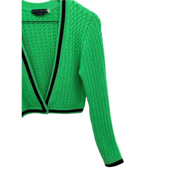 Alice + Olivia Jenae Cable Knit Cardigan S Preppy Twee Crop Green Wool Sweater - Image 8
