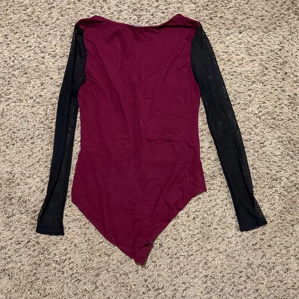 Charlotte Russe Maroon/ Burgundy and Black Lace Bodysuit Size Small - Image 2