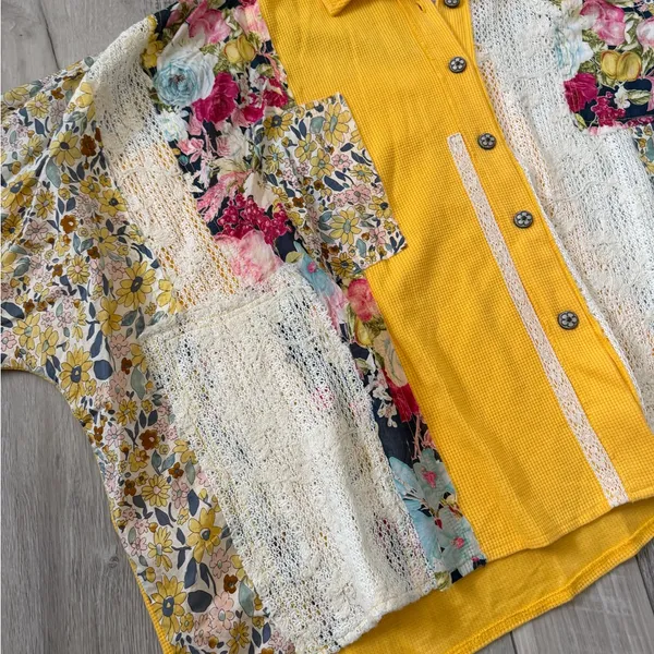 POL Floral/Lace Oversized Crochet Contrast Patchwork Boho Hippie Blouse small - Image 5