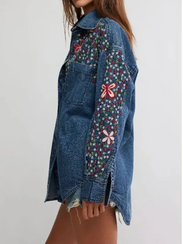 FREE PEOPLE NWT Rainbow Embroidered Denim Shirt / Rinse Wash - Image 2