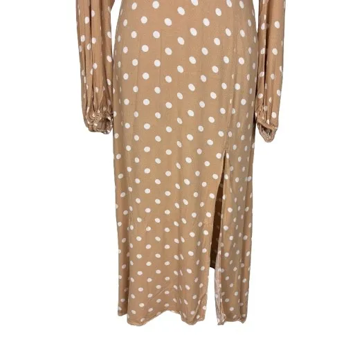 AFRM Kimmy Midi Dress Cutout Slit Tan White‎ Polka Dot Long Sleeve Size Medium - Image 3