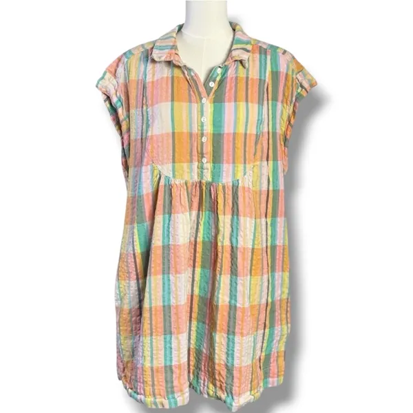 Free People Oversized Dreamers Madras Plaid Mini Dress Tunic Top Preppy Large - Image 7