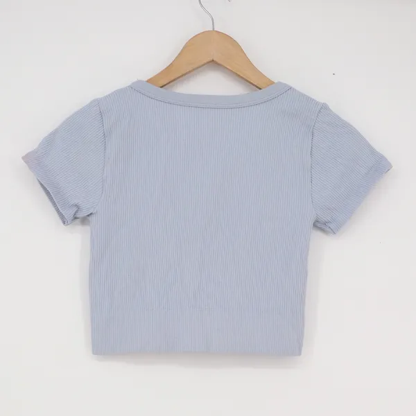 Garage Light Blue Ribbed Deep V-Neck Crop Top Short Sleeve Tee PS - Image 3