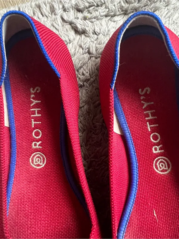 Rothy's Red Knit Pointed Ballet Flats with Blue Trim - Image 4