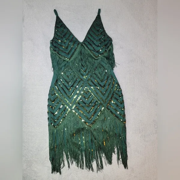 BABEYOND NWT 1920s Green Sequin Fringe Flapper Gatsby Party Dress Size M - Image 3