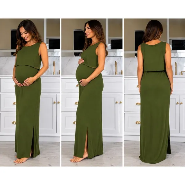 Next Maternity Maxi Dress Womens 12 Olive Green Nursing Layered Sleeveless - Image 2