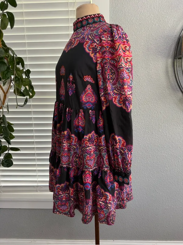 Anthropologie Mixed Printed Boho Mini Dress Size 0 Beaded - Image 4