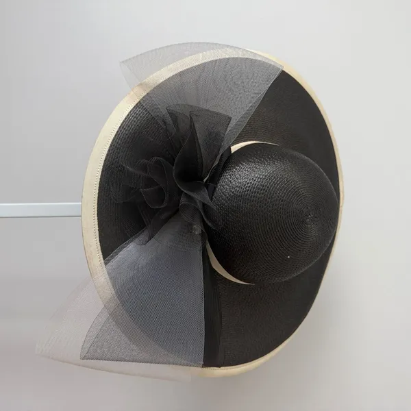 David M‎ Designer Luxury Old Money OS Black White Straw Hat Tulle Kentucky Derby - Image 4