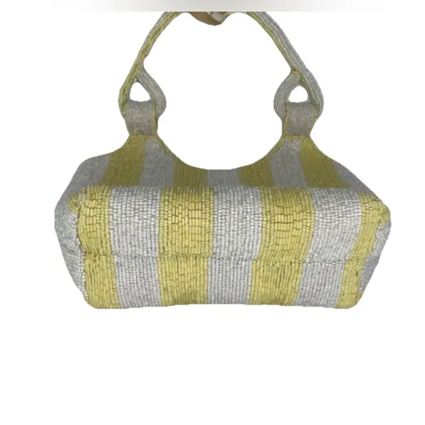 NWT~Striped Beaded Yellow & White Tote Hand Bag - Image 5