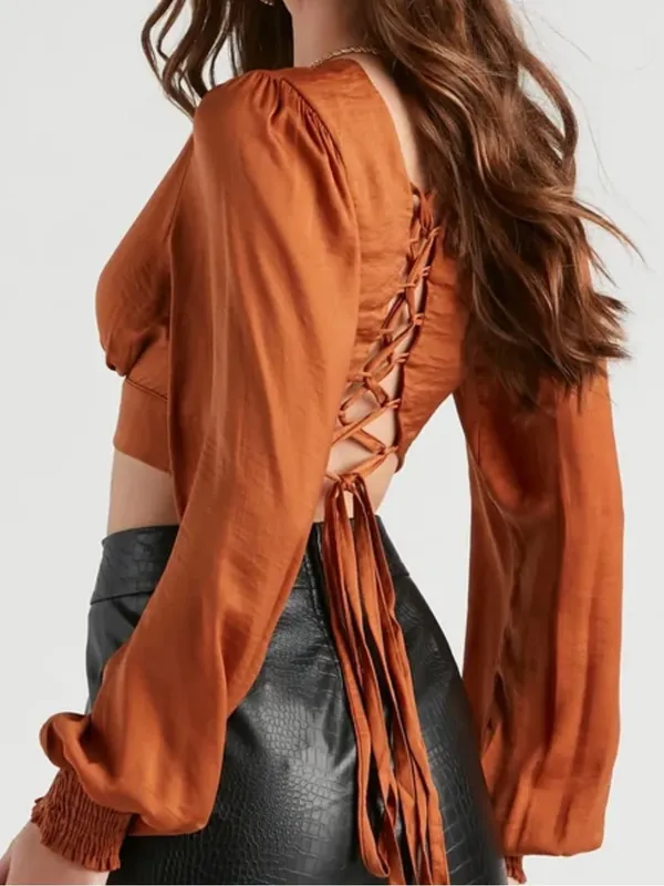 Windsor Rust Brown Satin Crop Top Medium Lace Up Back Balloon Sleeve Fall Boho - Image 2