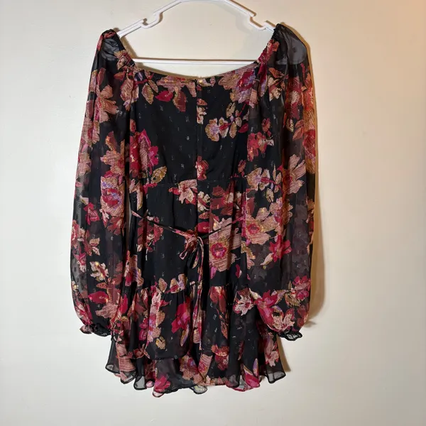 Lulus Dramatically Dreamy Black Floral Chiffon‎ Tiered Lurex Mini Dress Medium - Image 7